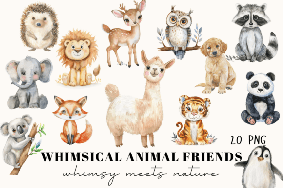 20 Whimsical Animal Clipart Set: Enchanting Design Assets