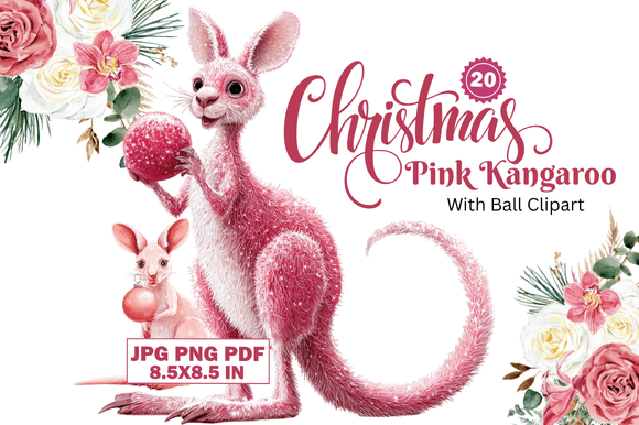 Festive Charm: Christmas Pink Kangaroo with Ball Clipart