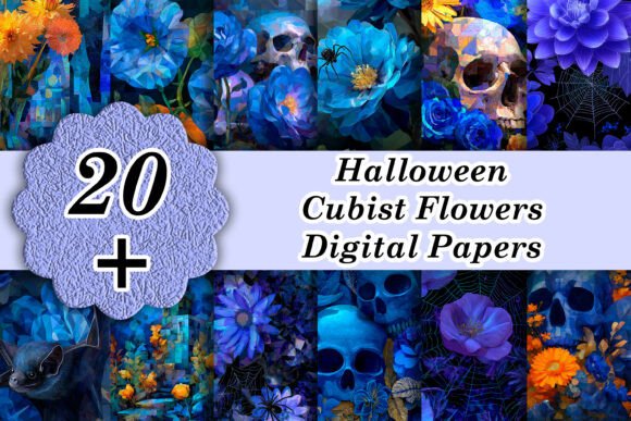 Sapphire Halloween Cubist Flowers: 20+ Digital Design Assets