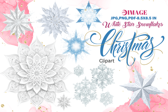 White Star Snowflakes Christmas Clipart: Design Versatility